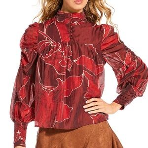 Ciebon Lynn Floral Print Tie Mock Neck Long Puff Sleeve Top